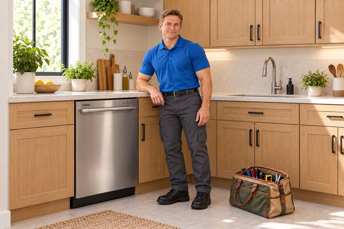 Technician leaning on the counter beside a built-in dishwasher