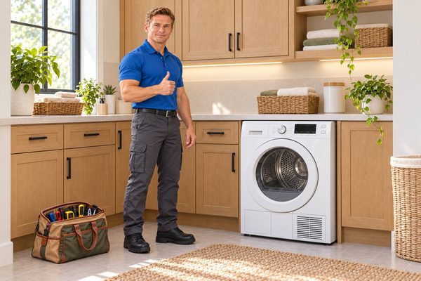 Technician beside a white front-load dryer in a laundry room