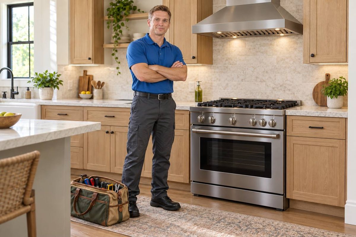 Technician next to a stainless gas range in a home kitchen