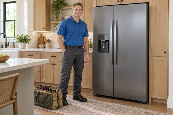 Technician beside a stainless side-by-side refrigerator with a door dispenser