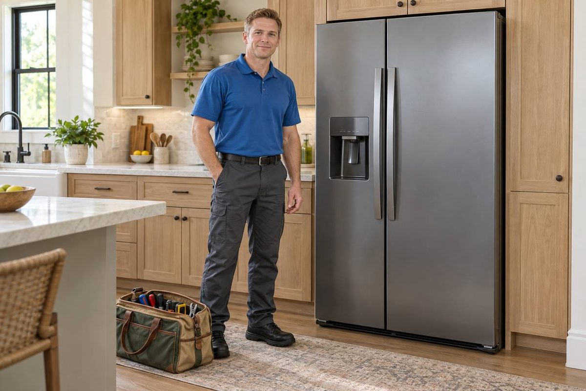 Technician beside a stainless side-by-side refrigerator with a door dispenser