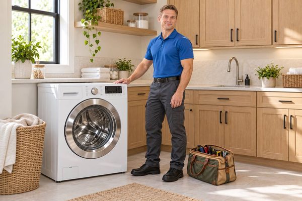 Technician with a hand on a white front-load washer